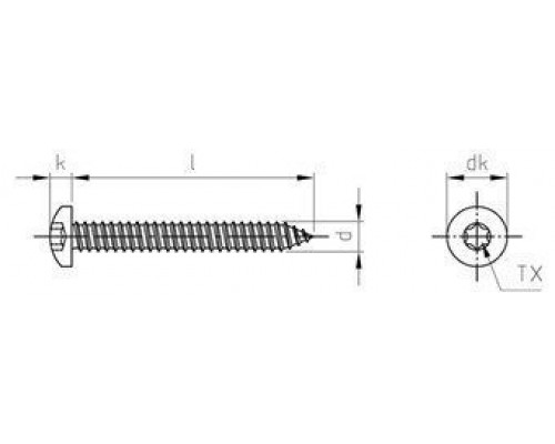 ISO 14585 A4 C 3,5X60 TX15 Винт самонарезающий с полукруглой головой с острым концом форма С и звездообразным шлицем TX (Torx) нержавеющий