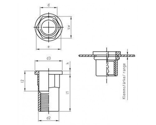 Заклепка М5х13.5мм Art. 1029 A2 нержавеющая с увеличенным цилиндрическим бортиком, резьбовая, шестигранная
