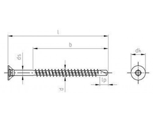 Art. 9044 A2 6,0X160/70 TX25 Саморез с длинным буром с неполной резьбой, потайной самозенкующейся головкой и звездообразным шлицем TORX нержавеющий по д