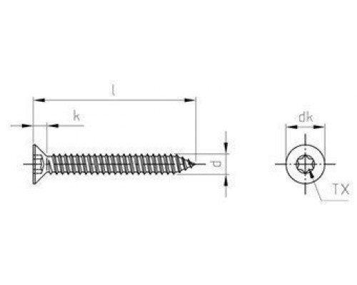 ISO 14586 A4 C 4,2X13 TX20 Винт самонарезающий с потайной головкой и звездообразным шлицем TX (Torx), форма С - острый конец нержавеющий