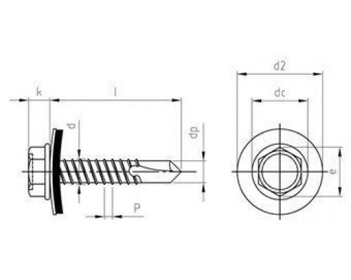 DIN 7504 A2 K 5,5X28 уплотн. шайба 16мм Саморез сверлоконечный самонарезающий с шестигранной головкой с фланцем нержавеющий c EPDM уплотнительной шай