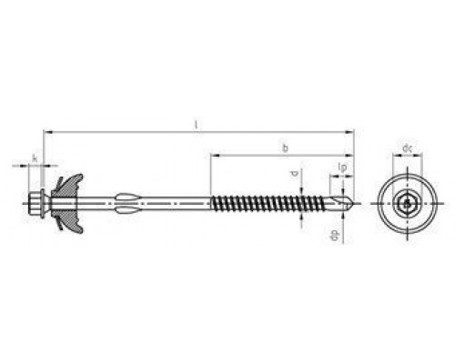 Art. 9520 A2 K 6,5X130 Саморез биметаллический с шестигранной головой, прокладкой и крылышками для фиброцемента 22 мм