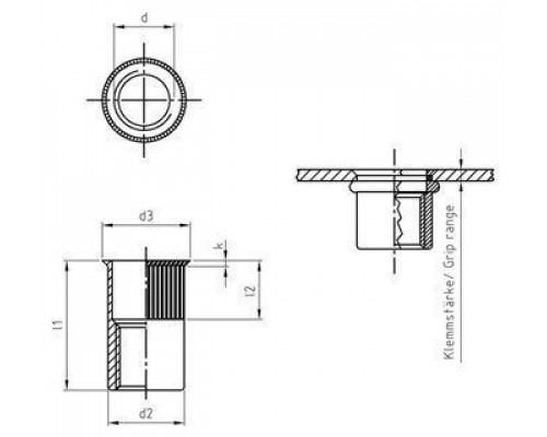 Заклепка М6х14мм Art. 1021 A4 нержавеющая с уменьшенным потайным бортиком и насечками, резьбовая