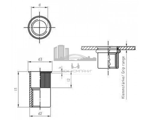 Заклепка М5х11.5мм Art. 1021 A4 нержавеющая с уменьшенным потайным бортиком и насечками, резьбовая
