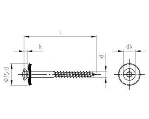Art. 9287 A2-Cu 5,0X250 TX25 Шуруп по дереву с полупотайной головой с закрепленной EPDM-шайбой (15 мм), шлиц TX