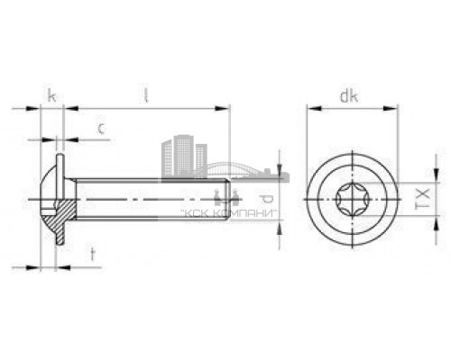ISO 7380-2 A2 M 2X16/16 TX6 Винт нержавеющий с полукруглой головой, звездообразным шлицем TX (Torx) и фланцем