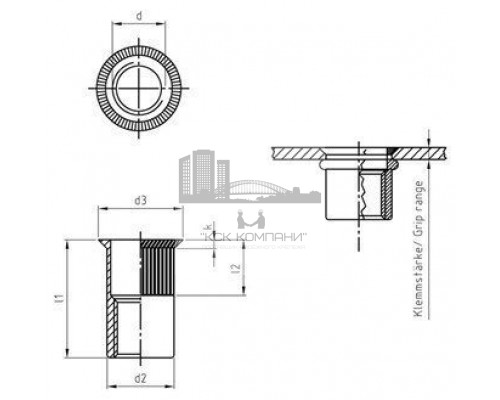 Заклепка М3х9мм Item 1023 A4 нержавеющая с потайным бортиком и насечками, резьбовая