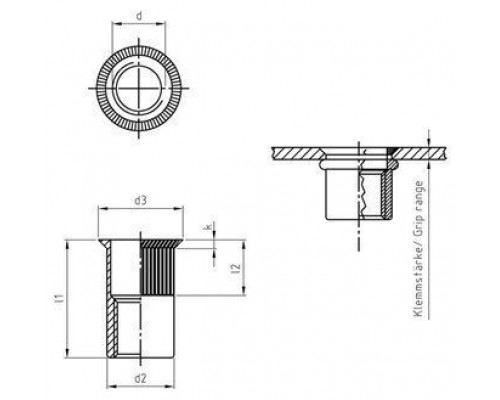Заклепка М10х21мм Item 1023 A2 нержавеющая с потайным бортиком и насечками, резьбовая