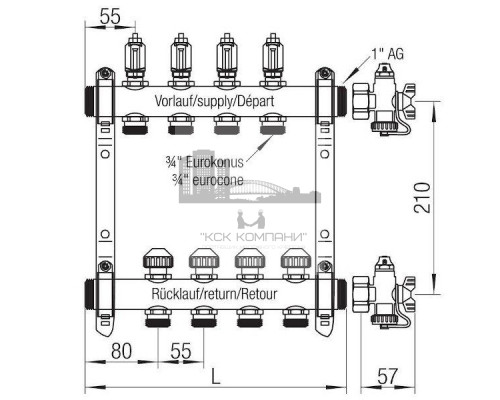 Распределительный коллектор  HKV на 2 контура нержавеющая сталь 12180211001