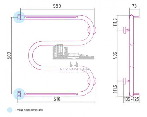 Водяной полотенцесушитель Сунержа М-образный 600x600 с 2 полками 00-0008-6060 (Sunerzha)