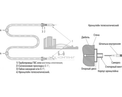 Водяной полотенцесушитель Сунержа М-образный 600x600 с 2 полками 00-0008-6060 (Sunerzha)