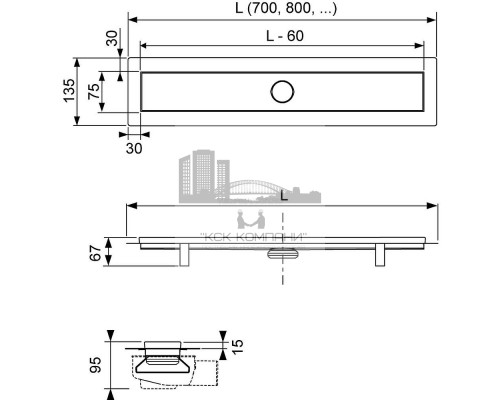 Комплект linus для монтажа дренажного канала 2 в 1, с основой для плитки “tile” и “steel”, с мембраной 900 мм, 15103099 (Теце)