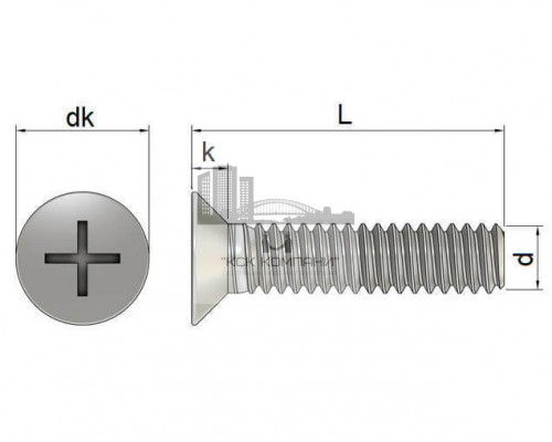 Винт с потайной головкой DIN 965 полной резьбой шлиц PH ОЦ, M5x80 мм