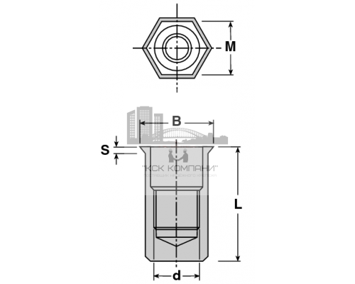 Заклепка-гайка шестигранная ZG-SUM с уменьшенным бортиком ОЦ, M8x1.25x18 (0.5-3)